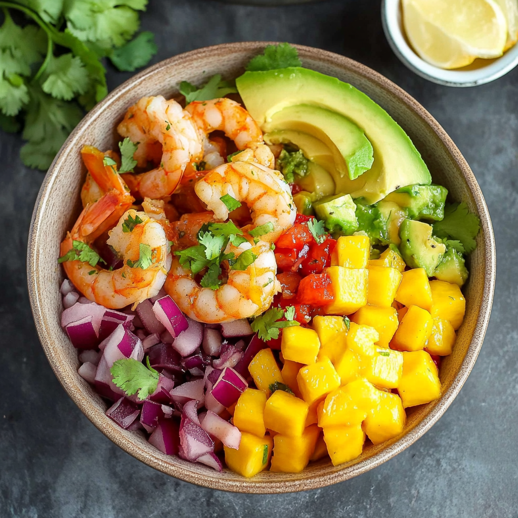 Recipe preparation for Shrimp and Avocado Bowls with Mango Salsa & Lime-Chili Sauce
