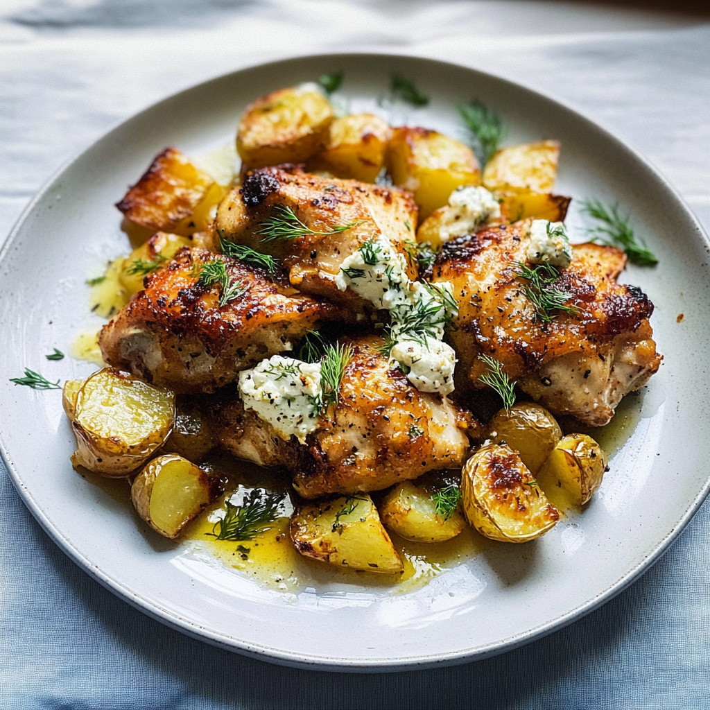 Recipe preparation for Spicy Yogurt Marinated Chicken with Dill Feta Cream & Crispy Baby Potatoes