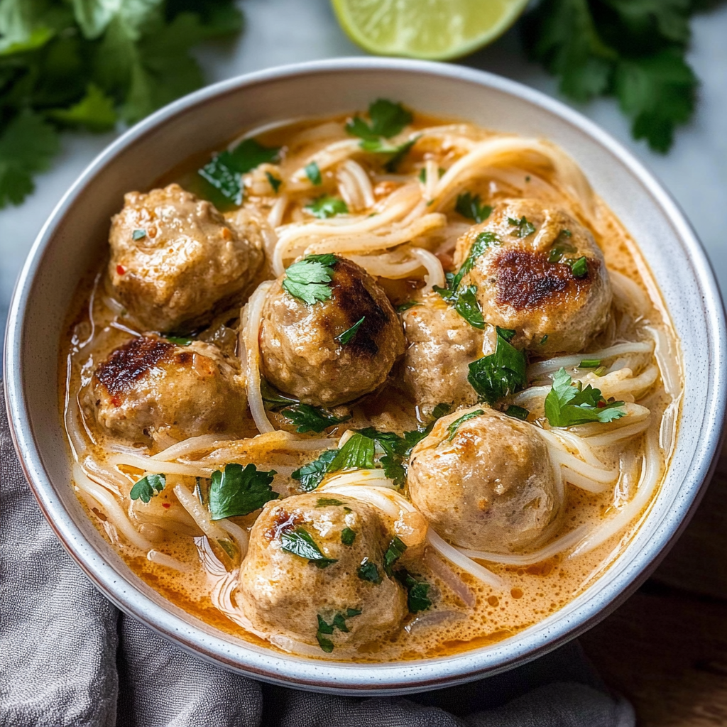 Recipe preparation for thai coconut meatballs with rice noodles