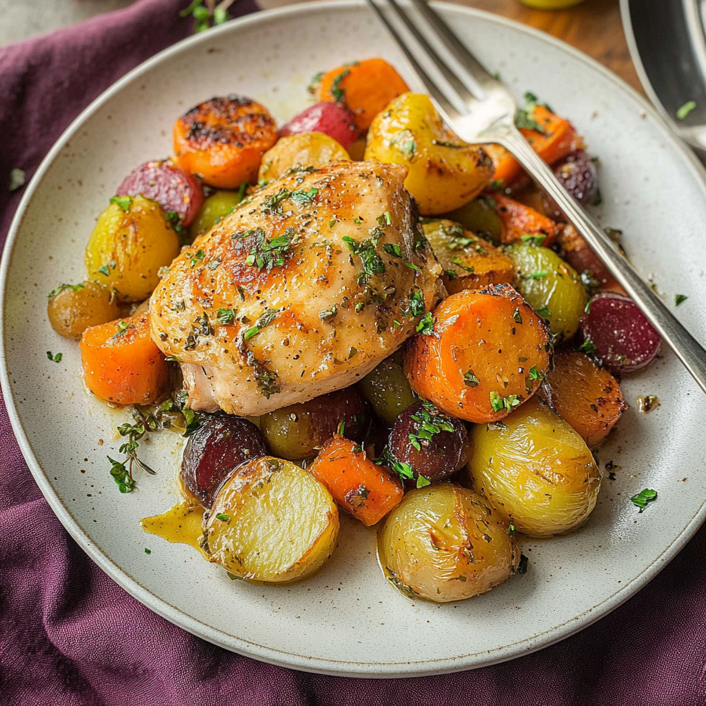Recipe preparation for one-pan chicken with root vegetables and herbs