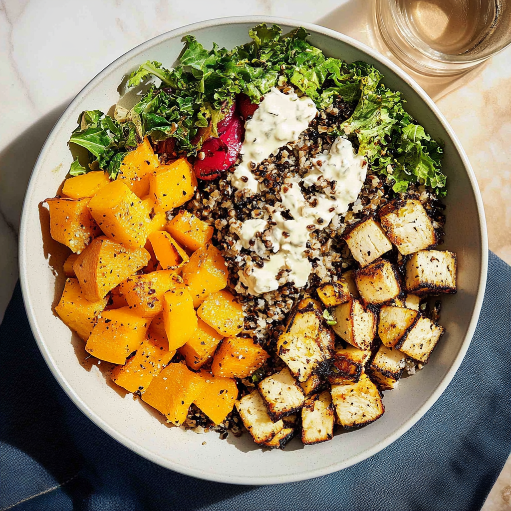 Recipe preparation for harvest grain bowl with roasted squash and kale