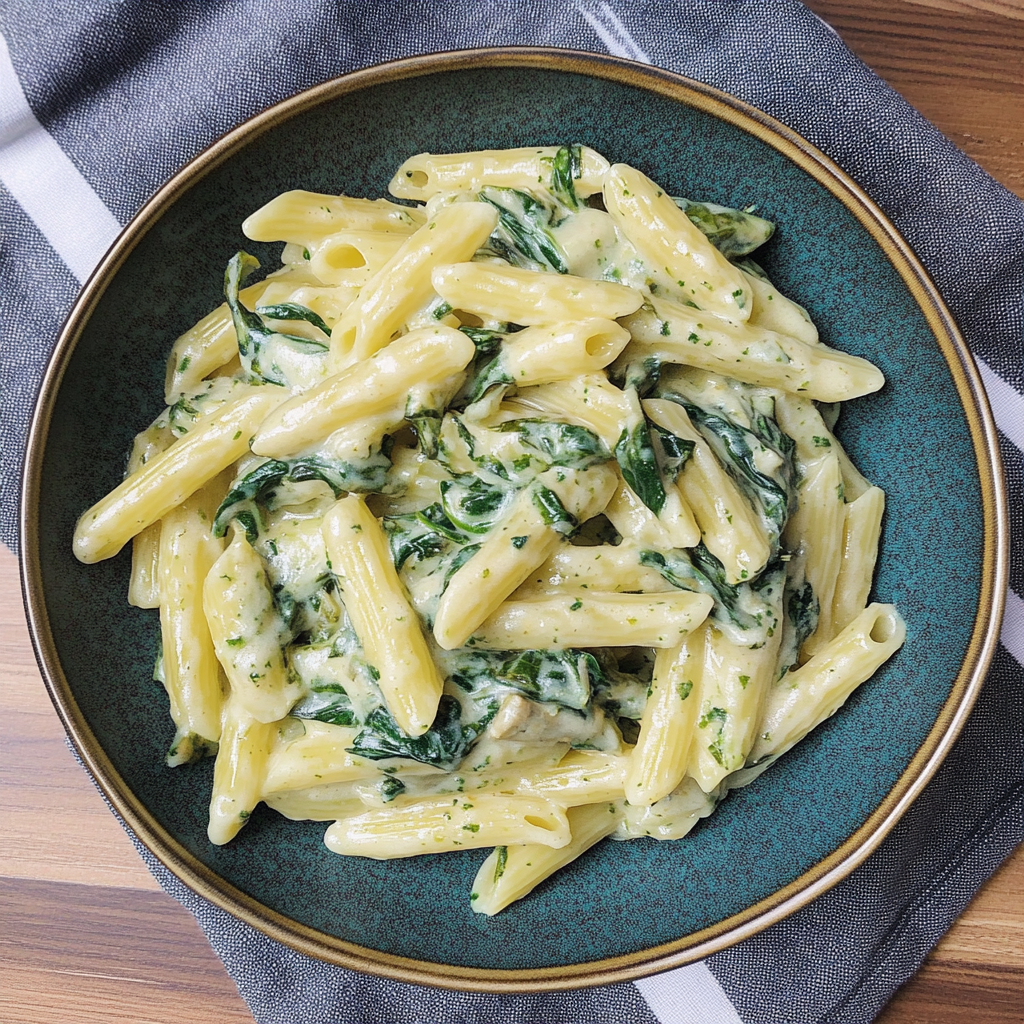 Recipe preparation for creamy spinach and artichoke pasta
