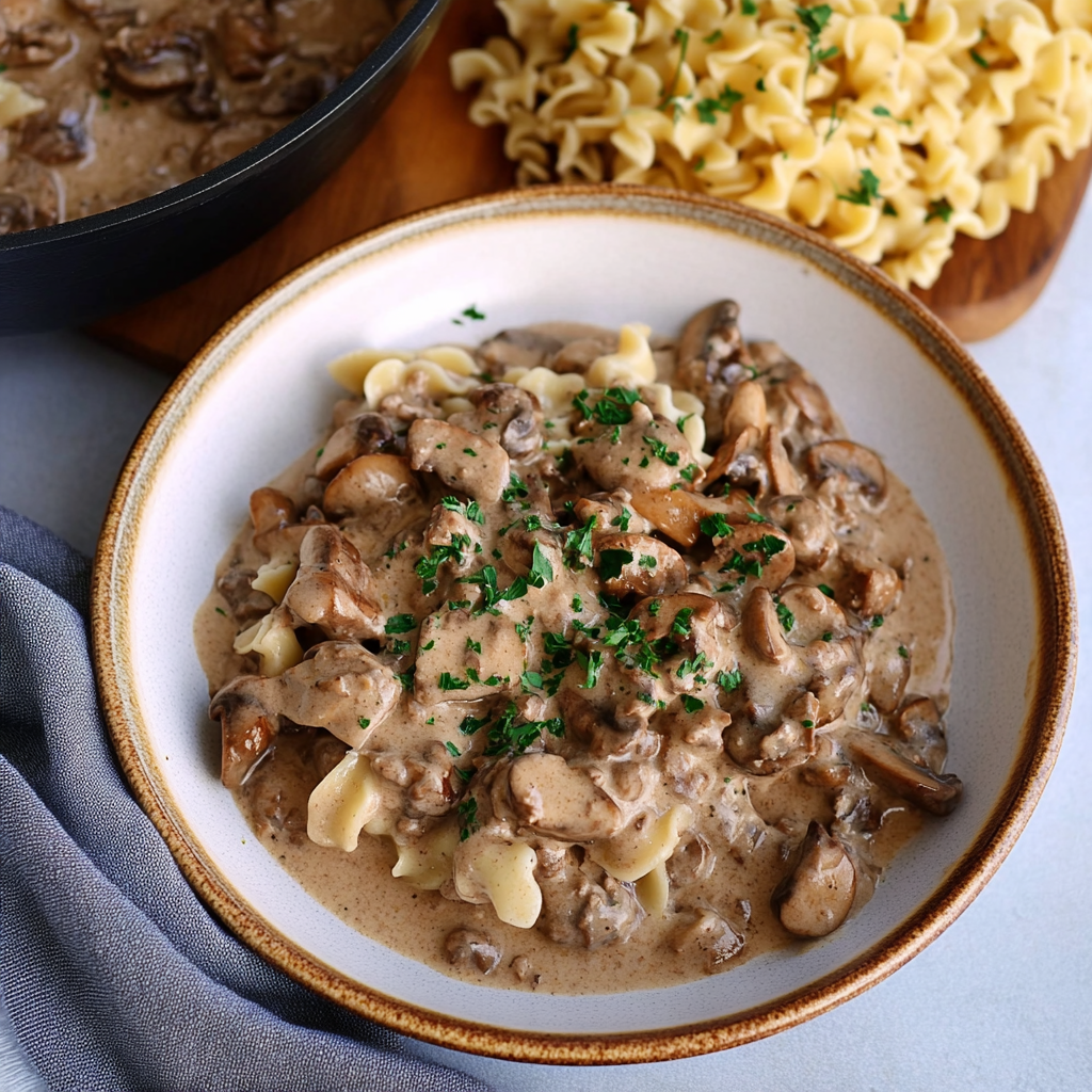 Recipe preparation for quick beef stroganoff with mushrooms