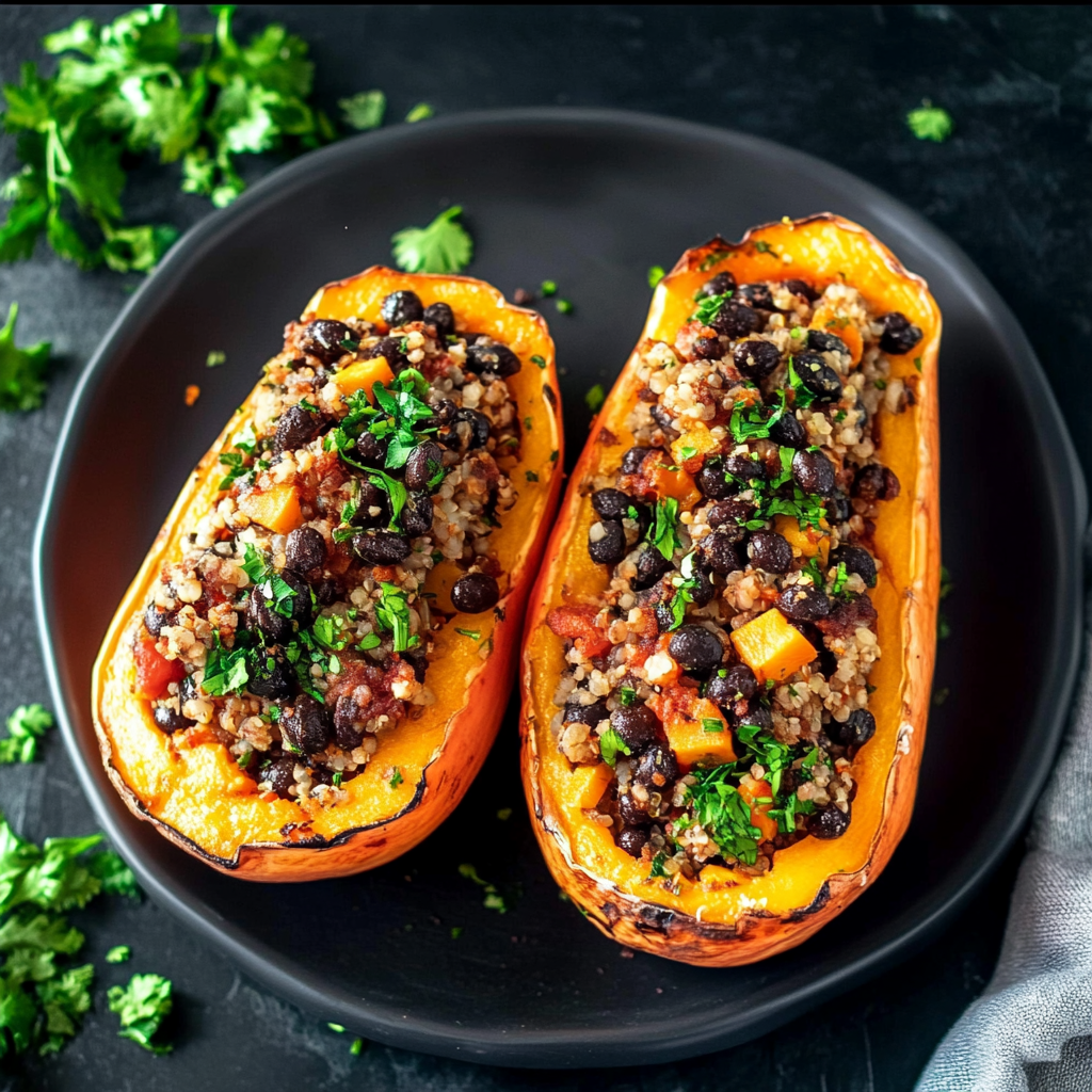 Recipe preparation for Stuffed Butternut Squash with Quinoa and Black Beans
