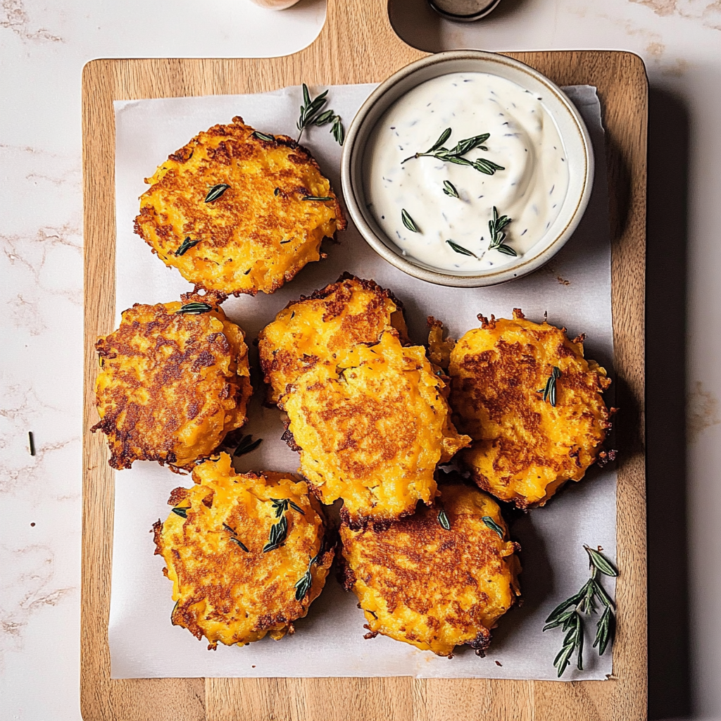 Recipe preparation for Butternut Squash Fritters with Yogurt Dip
