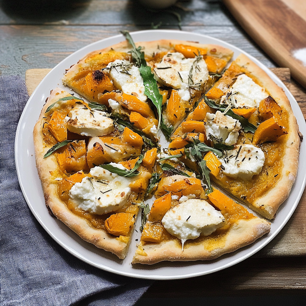 Recipe preparation for Butternut Squash Pizza with Goat Cheese and Arugula
