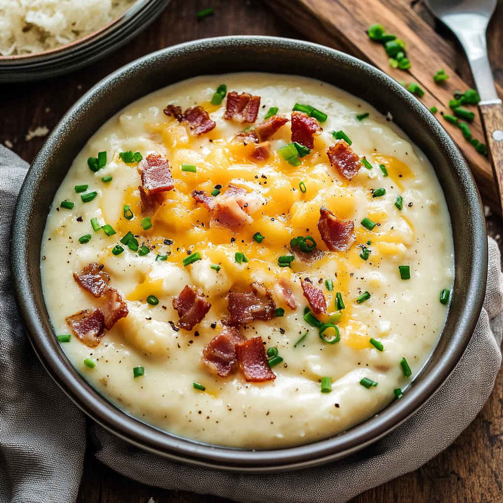 Recipe preparation for Creamy Baked Potato Soup Loaded with Bacon & Cheese