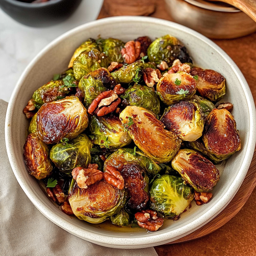 Recipe preparation for Maple Glazed Brussels Sprouts & Pecans