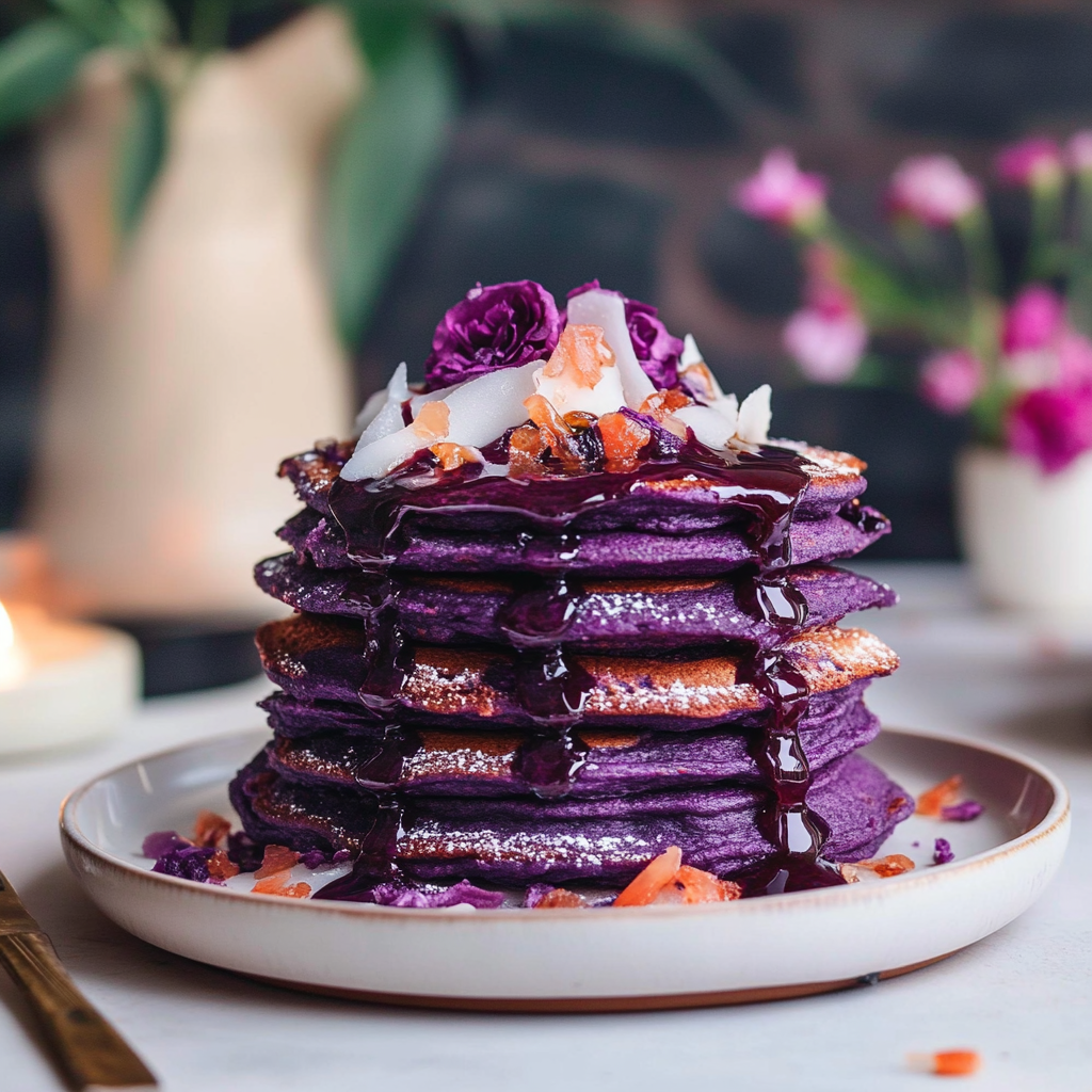 Recipe preparation for Ube Purple Yam Pancakes with Coconut Syrup