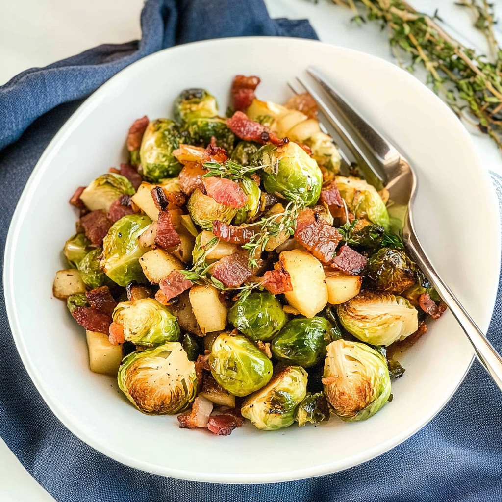 Recipe preparation for Sautéed Brussels Sprouts with Bacon & Apple