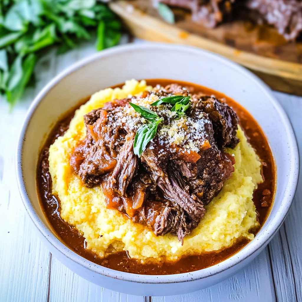 Recipe preparation for Italian Braised Beef Ragu with Parmesan Polenta