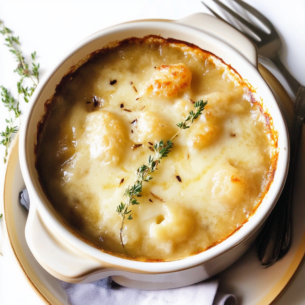 Recipe preparation for French Onion Gnocchi Soup