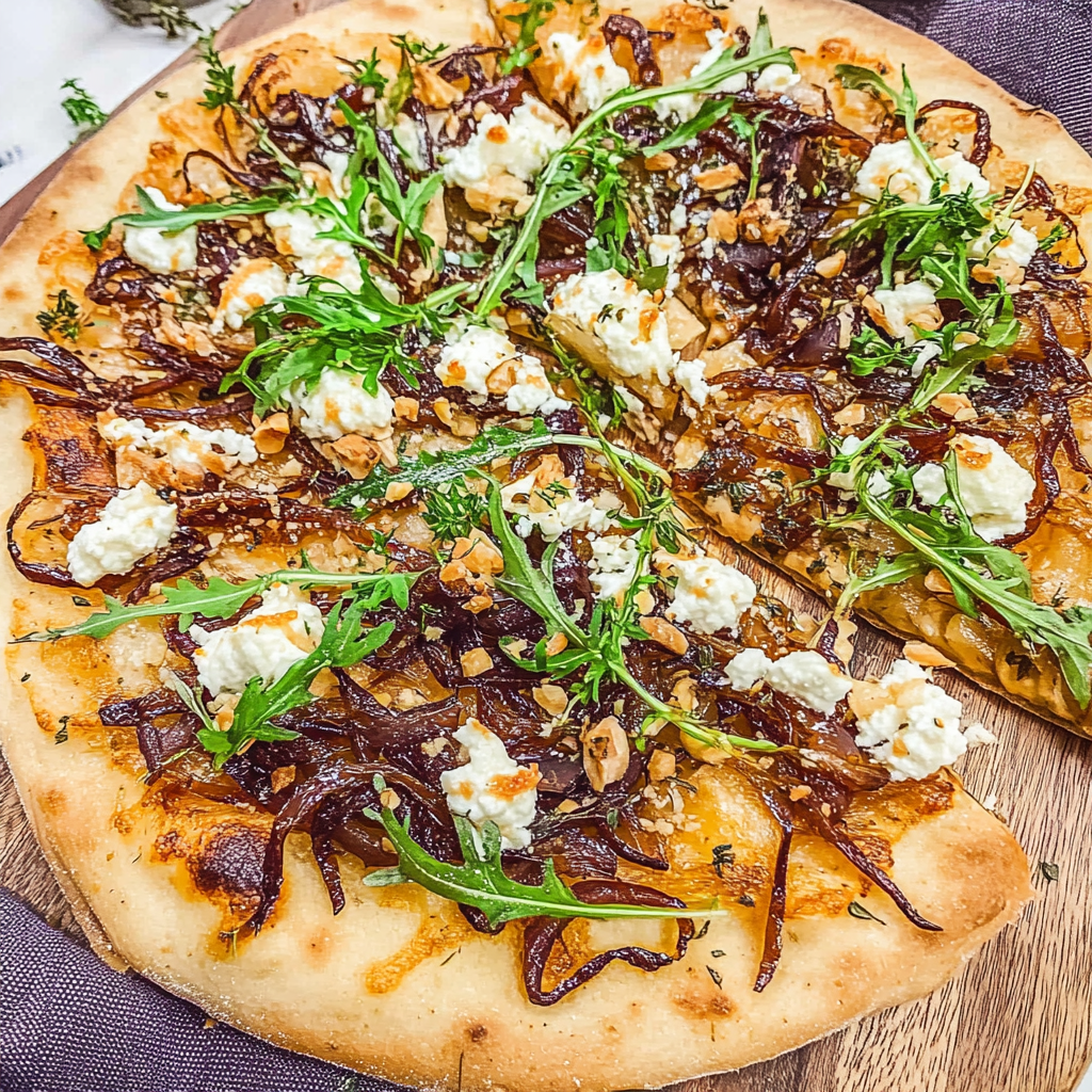 Recipe preparation for 30 minute Caramelized Onion Goat Cheese Flatbread