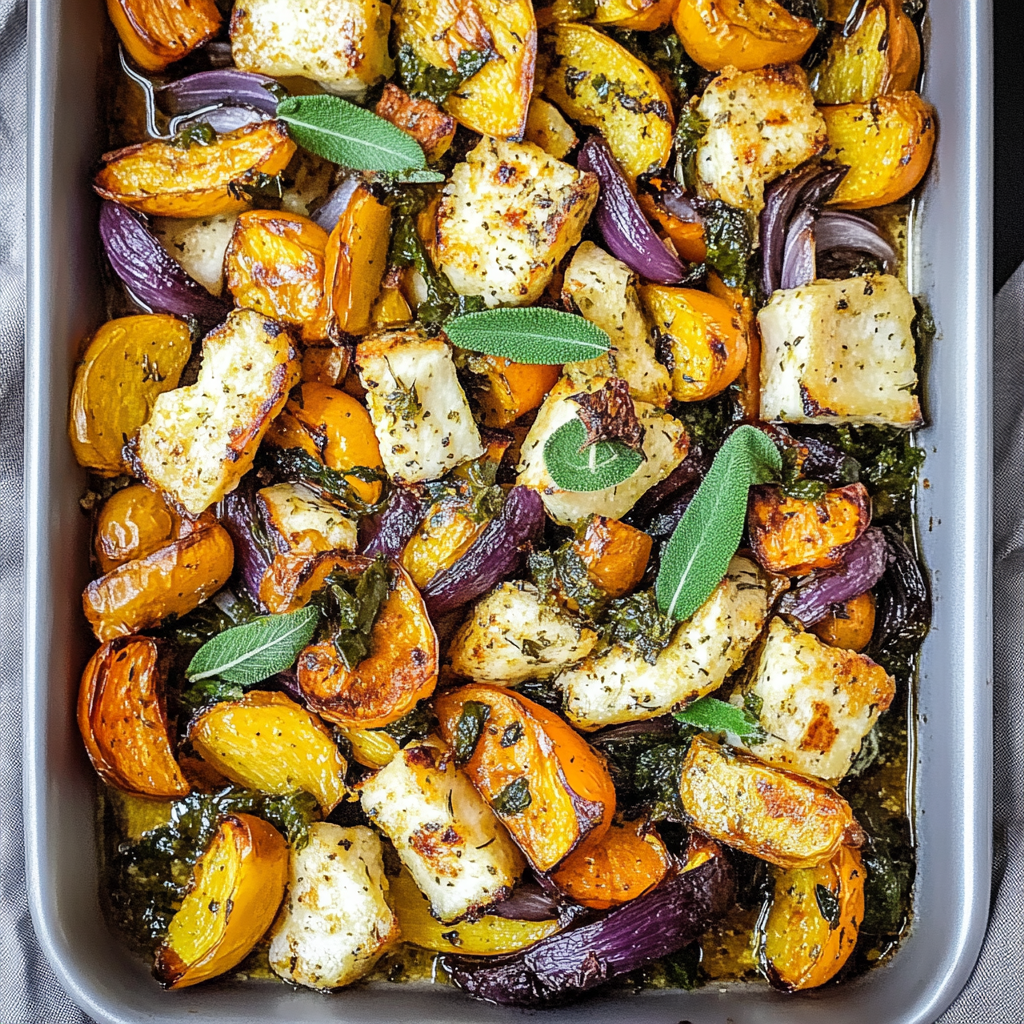 Recipe preparation for Za’atar Roasted Halloumi & Autumn Veggies