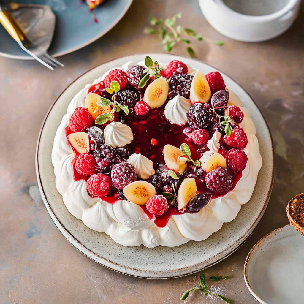 Recipe preparation for Pavlova with Winter Fruits