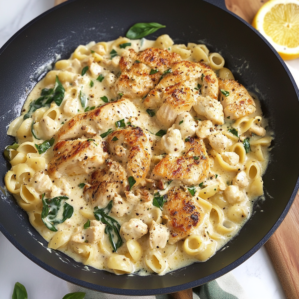 Recipe preparation for Creamy Spinach-Artichoke Greek Chicken Alfredo Recipe