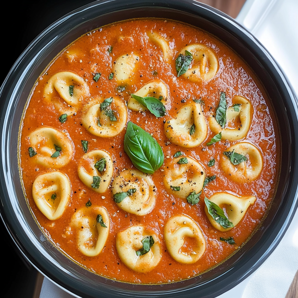Recipe preparation for Creamy Tomato Basil Tortellini Soup