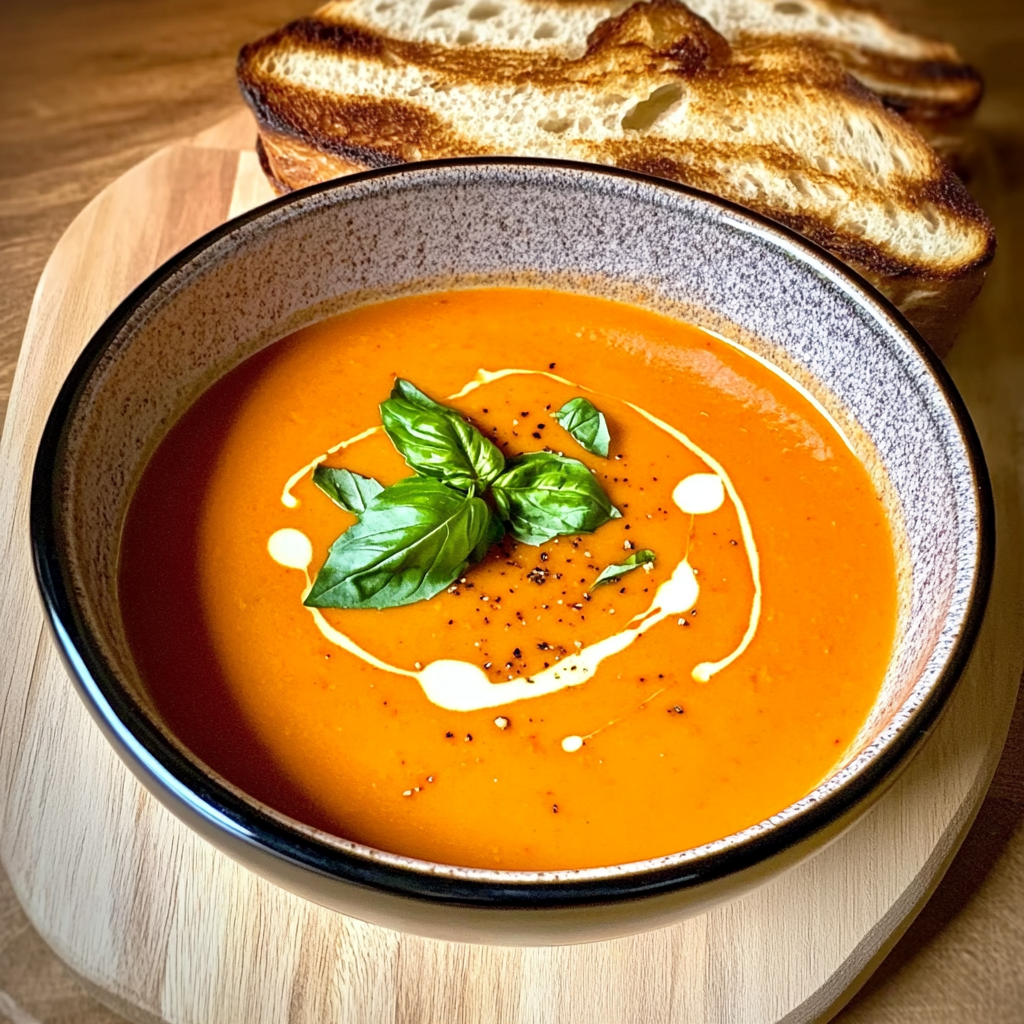 Recipe preparation for Creamy Roasted Red Pepper & Basil Soup
