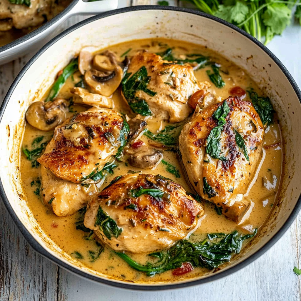 Recipe preparation for creamy tuscan chicken with spinach and mushrooms