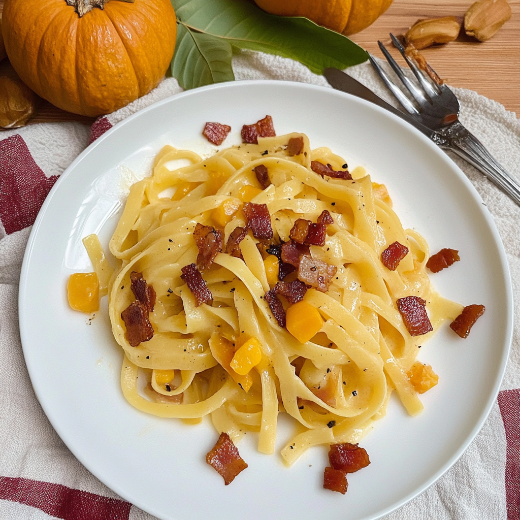 Recipe preparation for pumpkin carbonara pasta with crispy pancetta