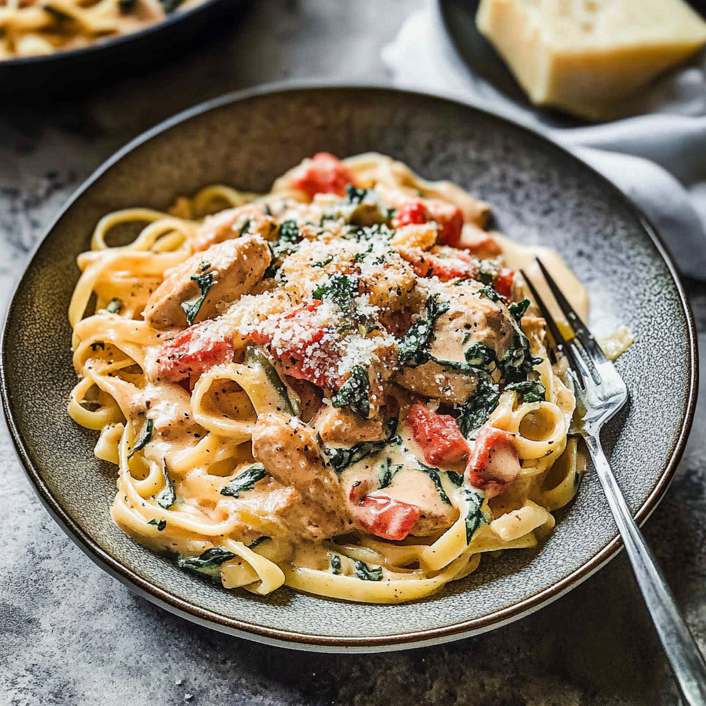 Recipe preparation for Creamy Tuscan Chicken Pasta