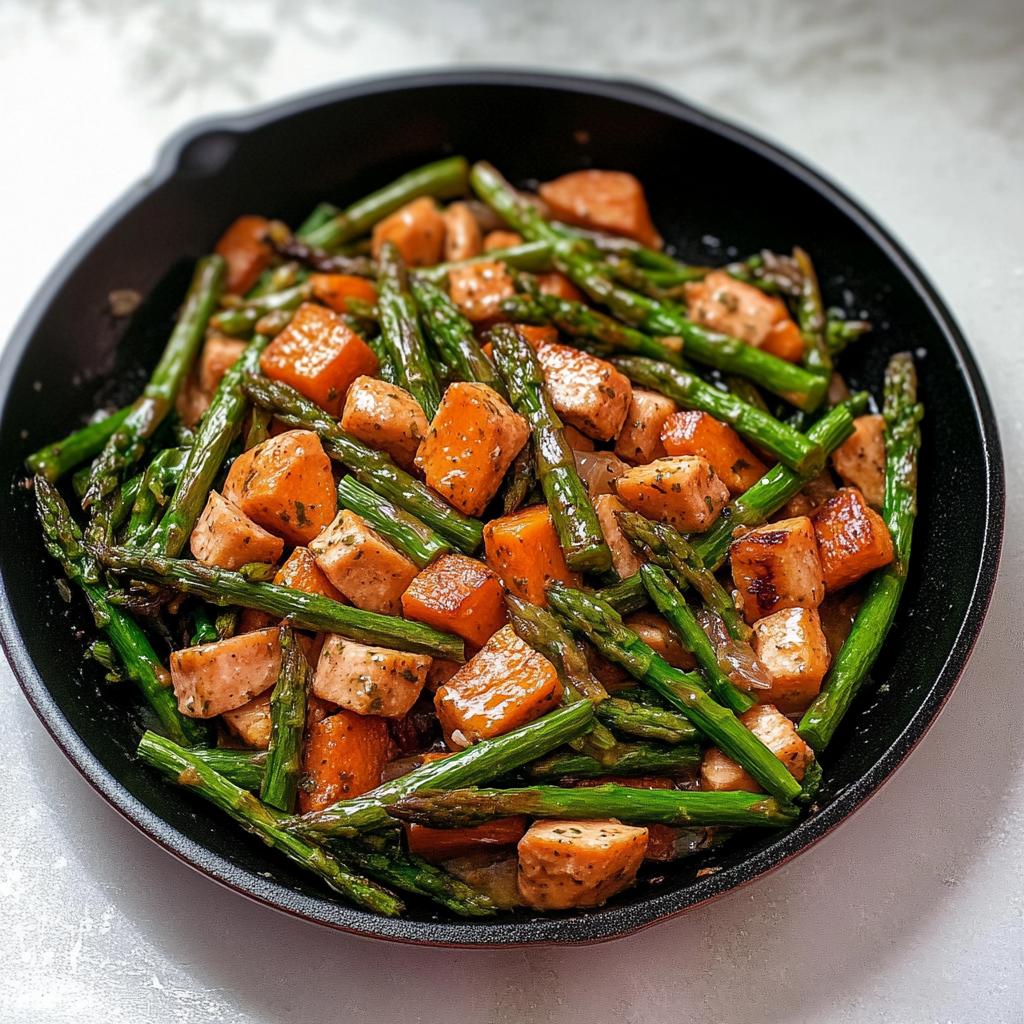 Recipe preparation for Asparagus Sweet Potato Skillet
