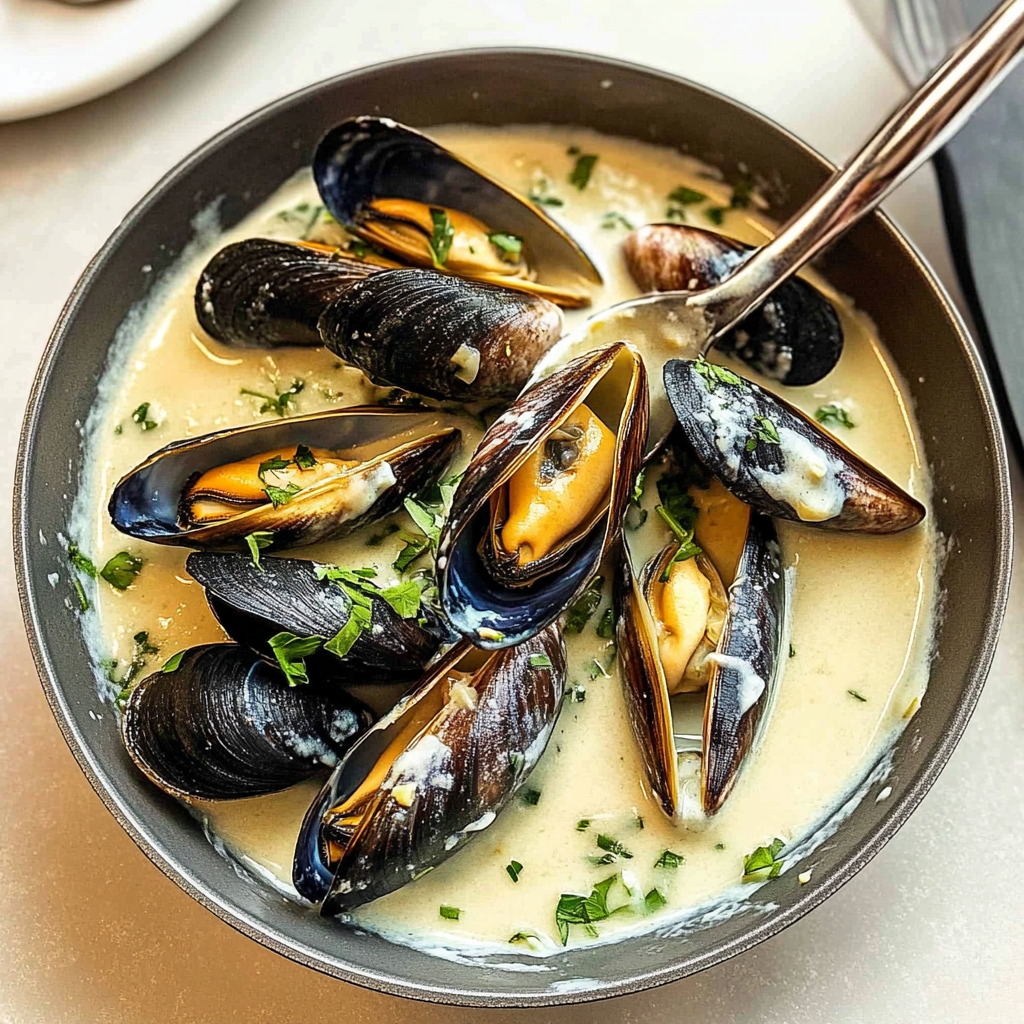 Recipe preparation for Mussels in Garlic Lemon Cream Sauce