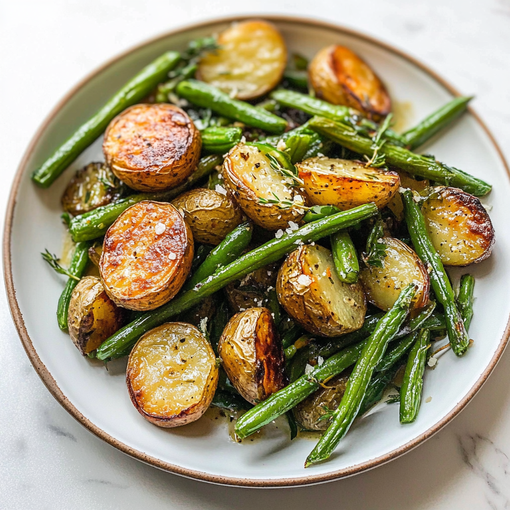 Recipe preparation for roasted garlic potatoes and green beans