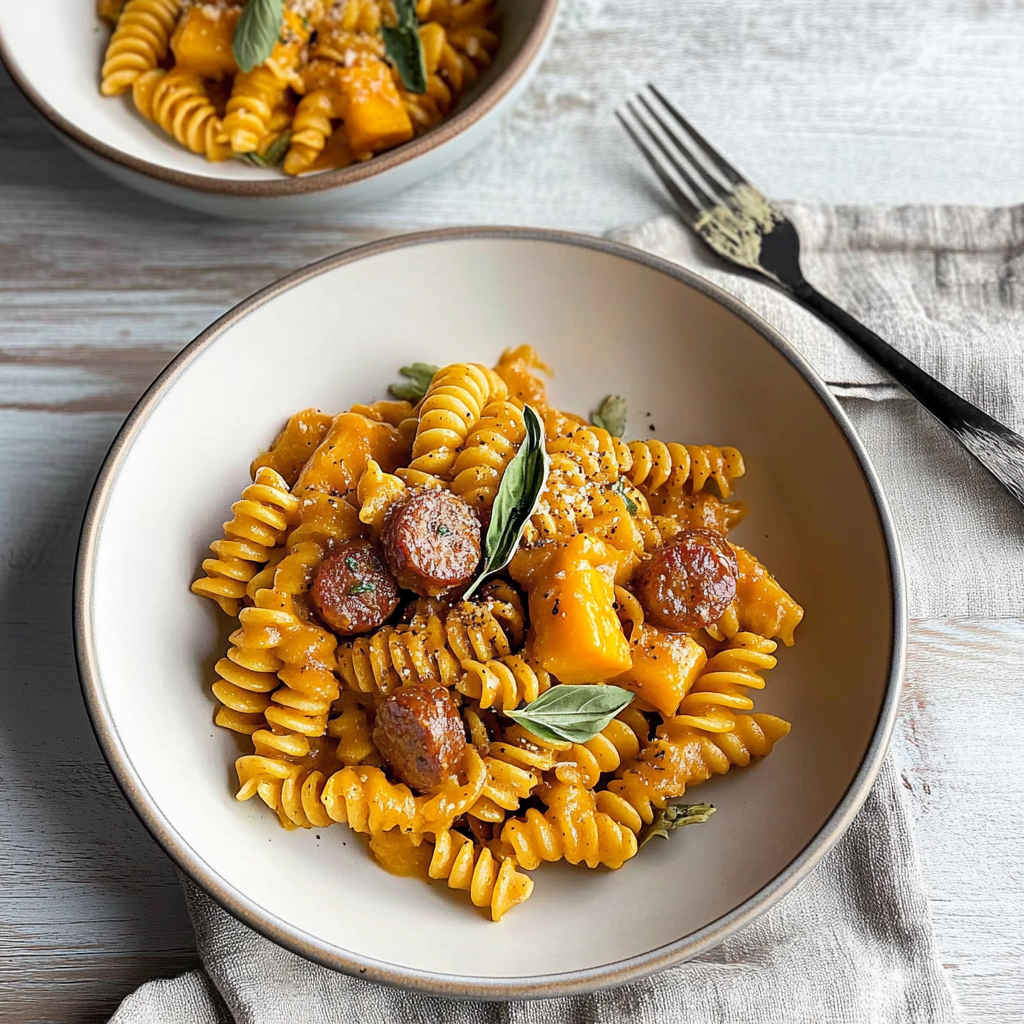 Recipe preparation for Fusilli with Pumpkin and Sausage
