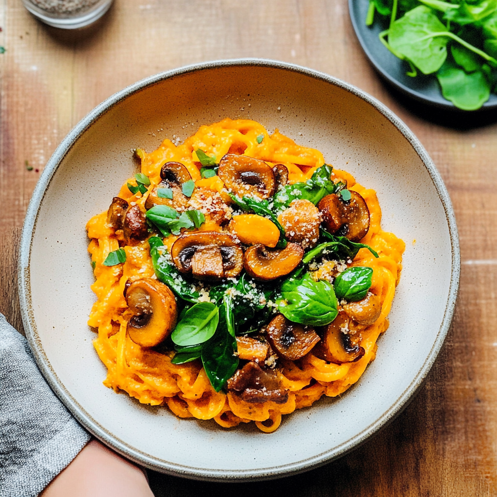 Recipe preparation for Vegan Pumpkin Pasta with Spinach and Mushrooms