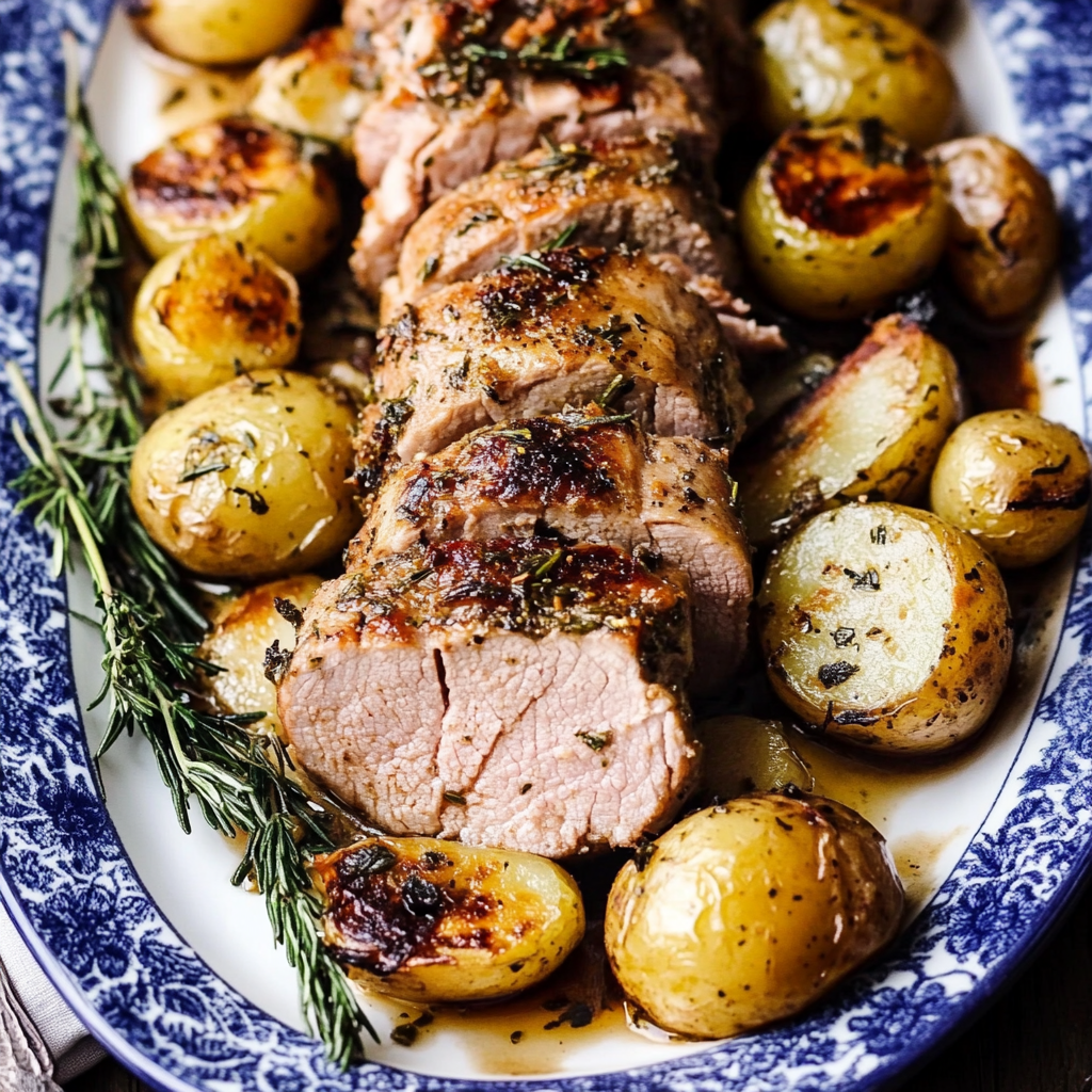 Recipe preparation for Herb roasted pork tenderloin with potatoes