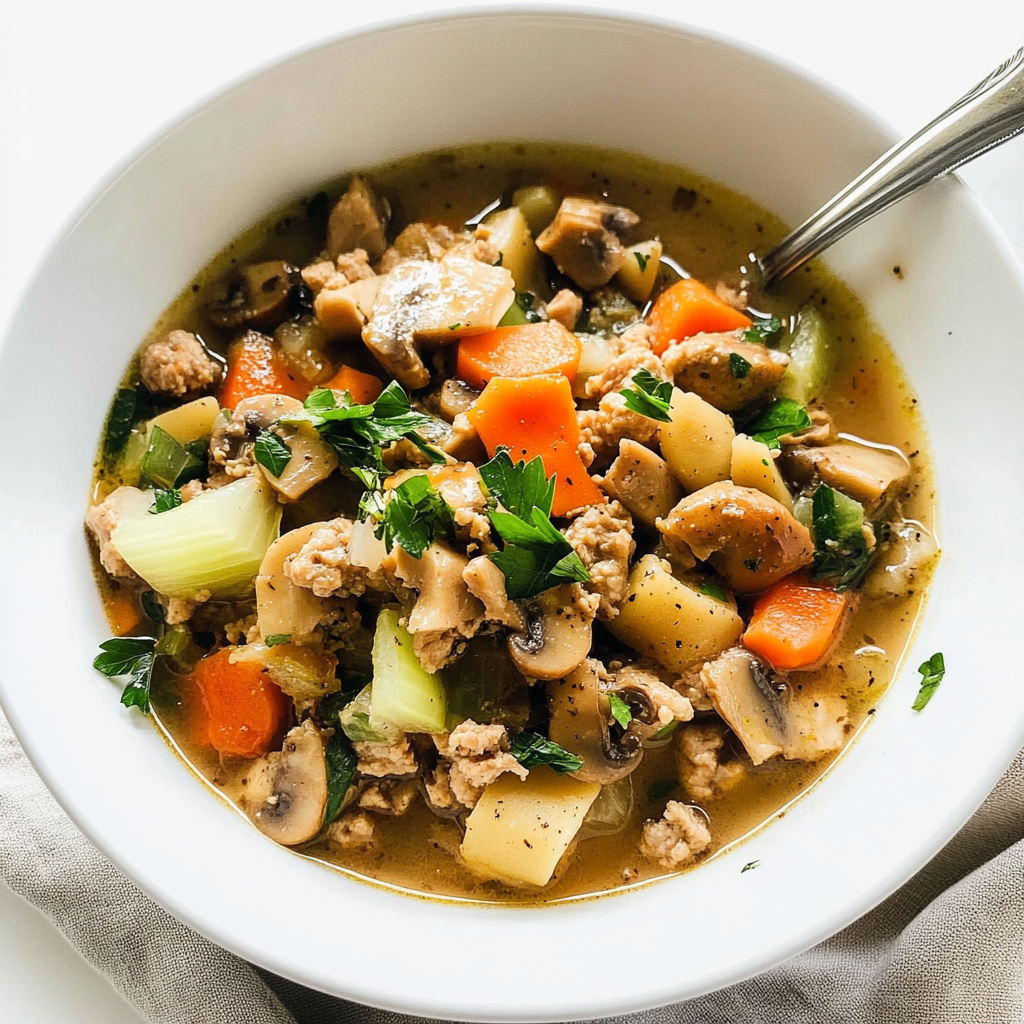 Recipe preparation for Ground Turkey and Mushroom Soup