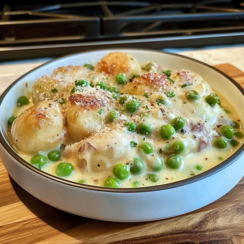 Recipe preparation for creamed peas and potatoes