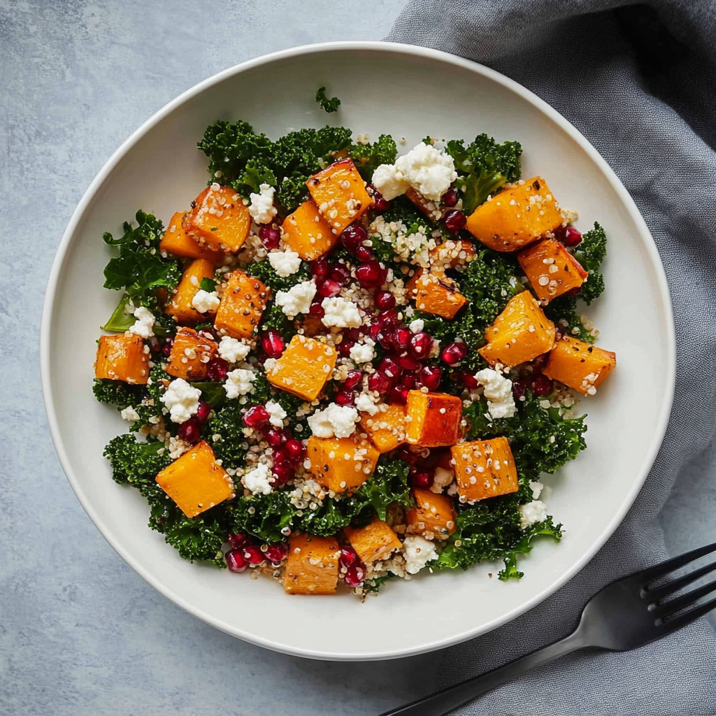 Recipe preparation for Kale and Quinoa Salad with Roasted Squash