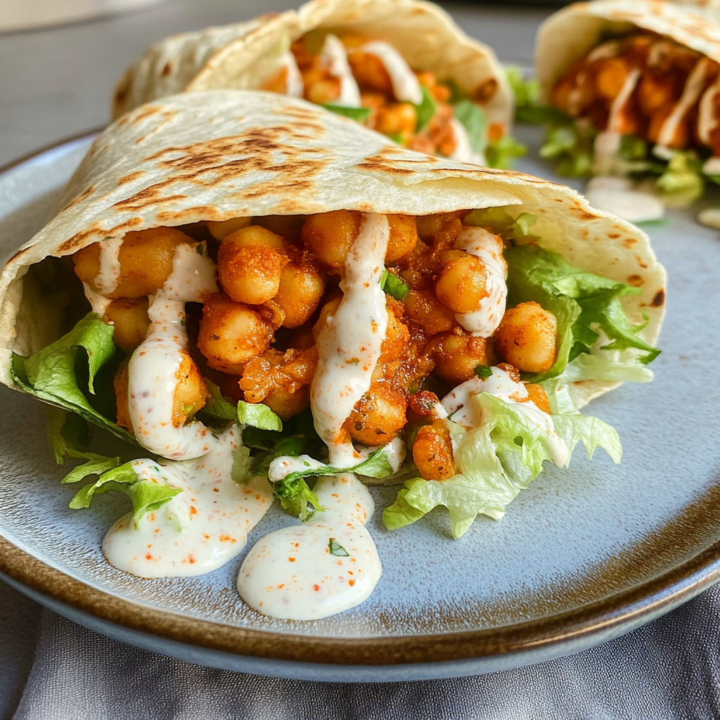 Recipe preparation for Buffalo Chickpea Wraps with Ranch Dressing