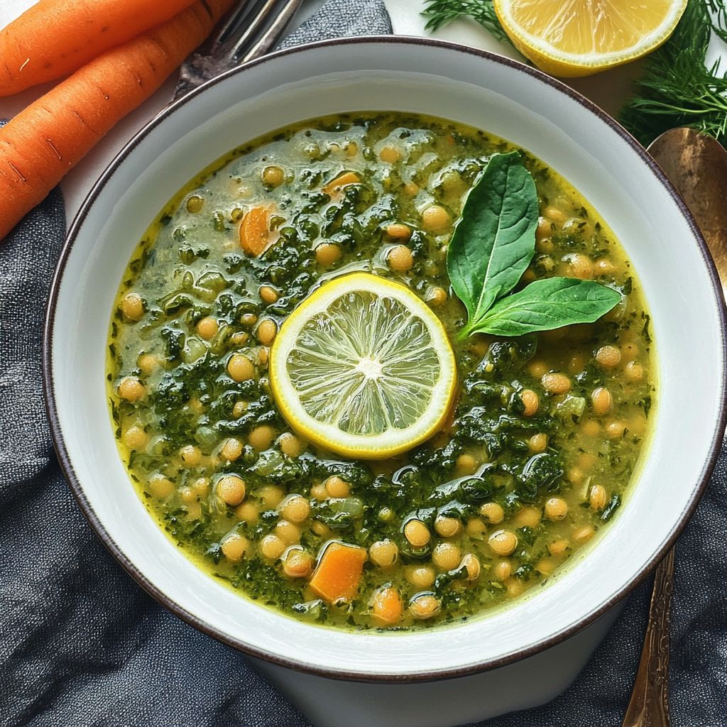Recipe preparation for Lentil and Spinach Soup with Lemon