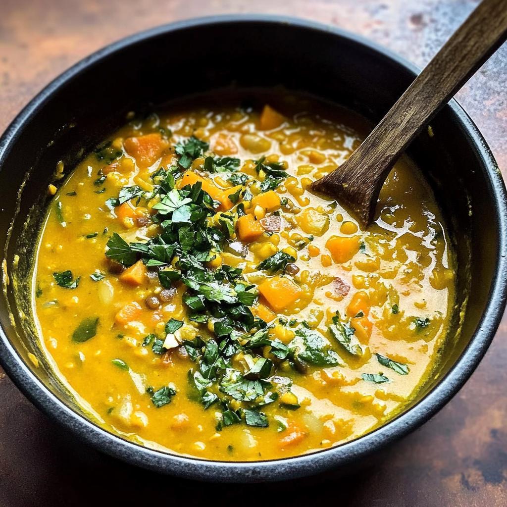 Recipe preparation for Lentil and Sweet Potato Curry Soup