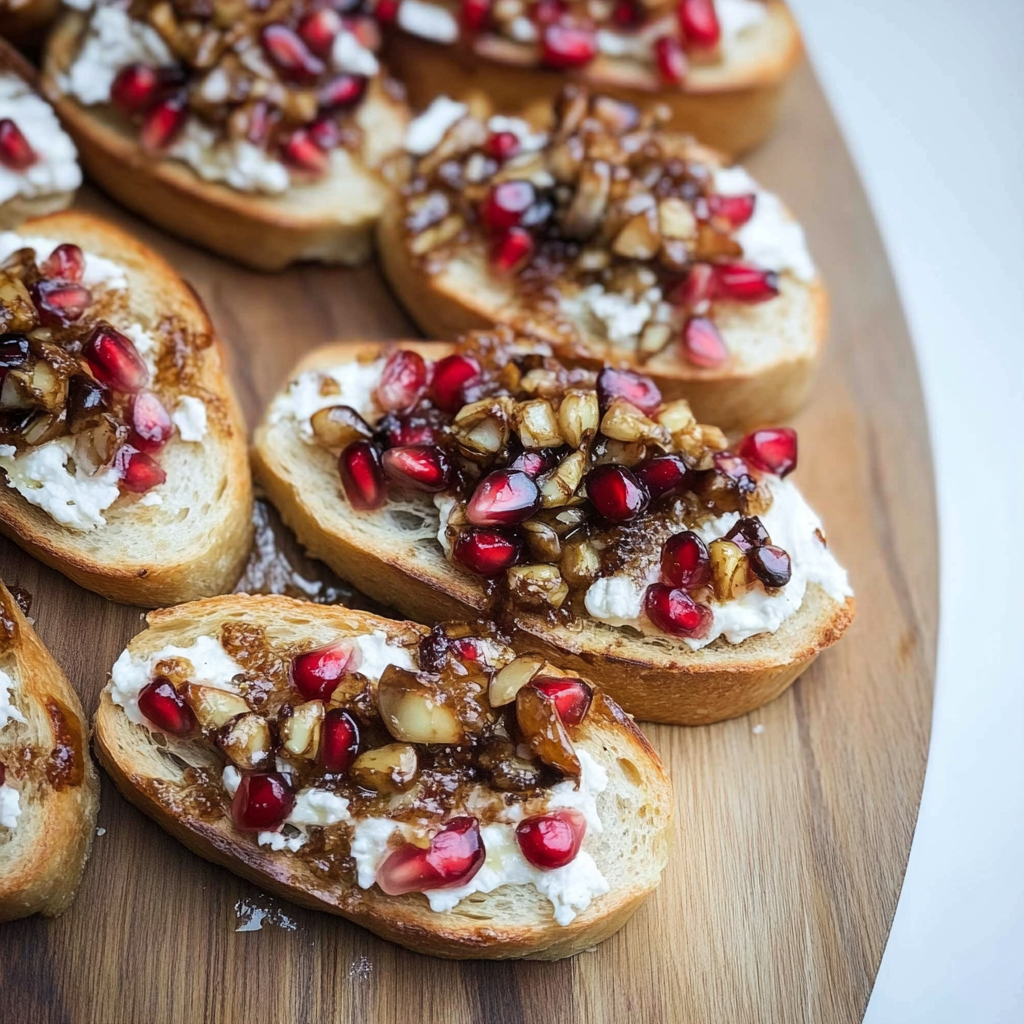 Recipe preparation for Pomegranate and Goat Cheese Toasted Crostini