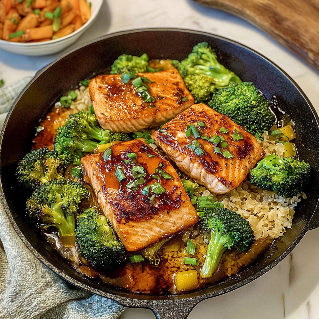 Recipe preparation for Honey Garlic Glazed Salmon with Steamed Broccoli