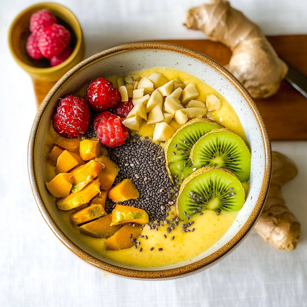 Recipe preparation for Turmeric Ginger Smoothie Bowl with Chia Seeds