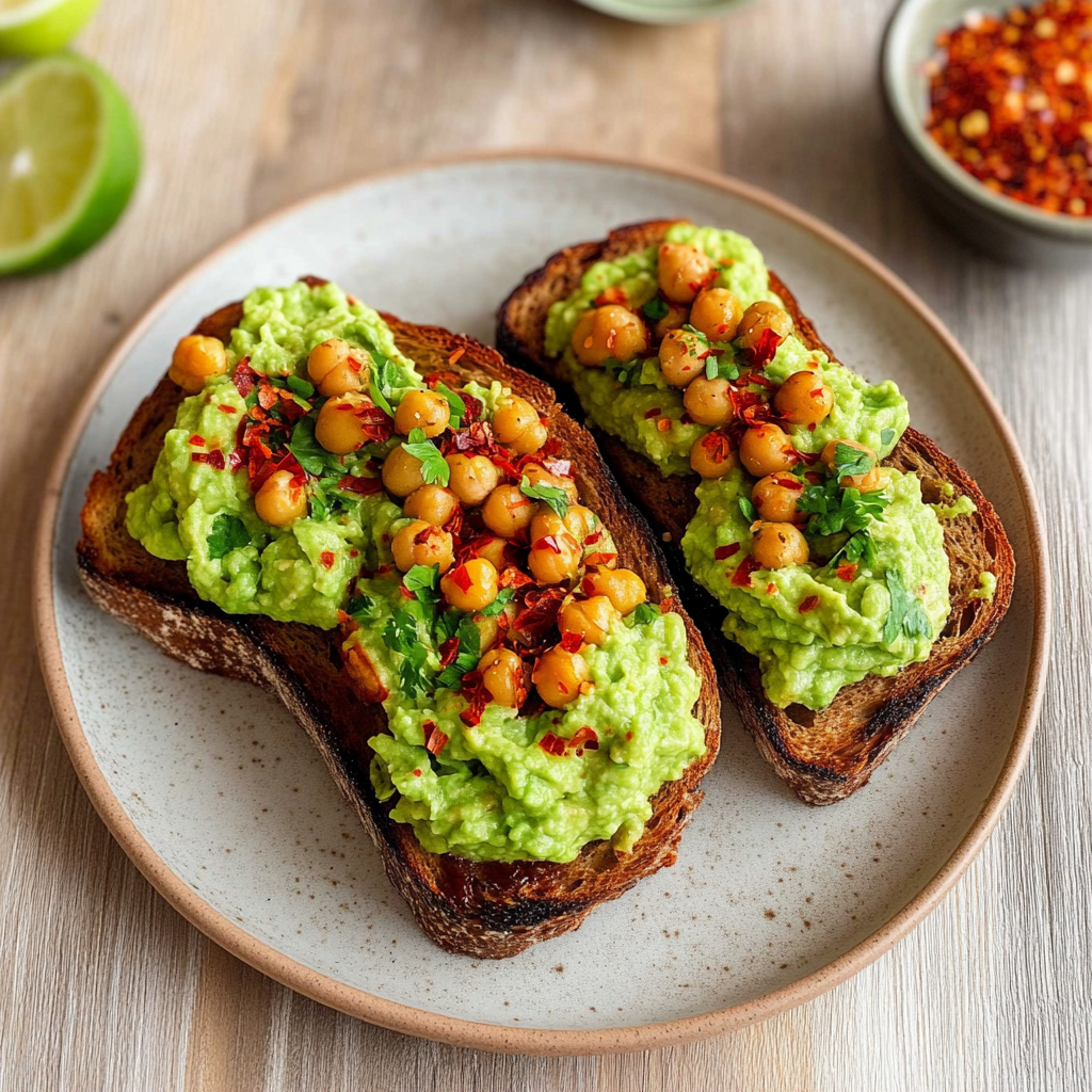 Recipe preparation for Smashed Chickpea and Avocado Toast with Chili Flakes
