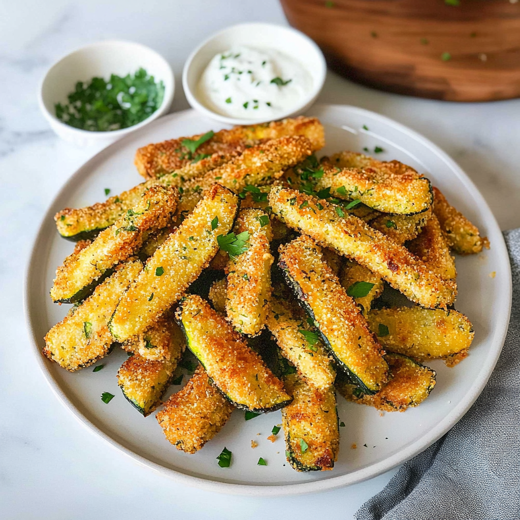 Recipe preparation for Baked Zucchini Fries with Lemon Greek Yogurt Dip