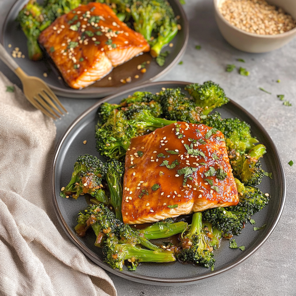 Recipe preparation for Sheet Pan Miso-Glazed Salmon with Sesame Broccoli