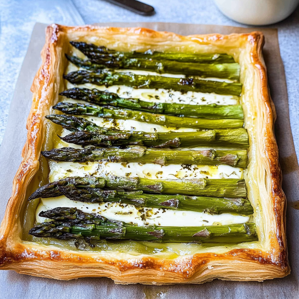 Recipe preparation for Asparagus Puff Pastry Tart With Horseradish Cream
