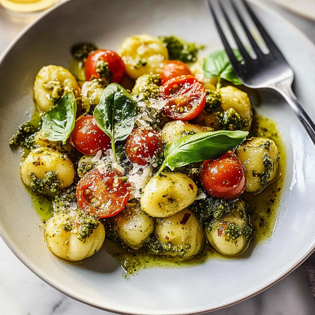 Recipe preparation for Festive Pesto Gnocchi with Cherry Tomatoes