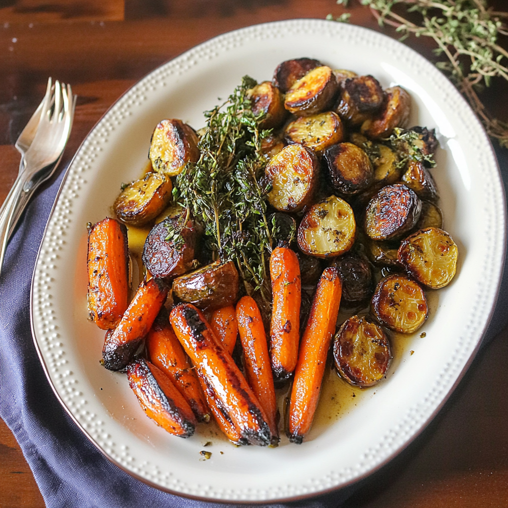 Recipe preparation for Balsamic & Maple Glazed Carrots + Brussels