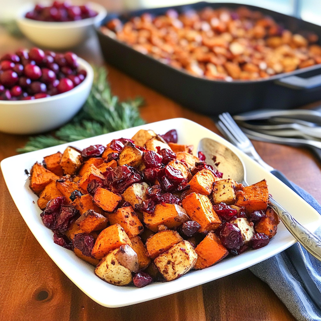 Recipe preparation for Sheet Pan Sweet Potato & Cranberry Bake