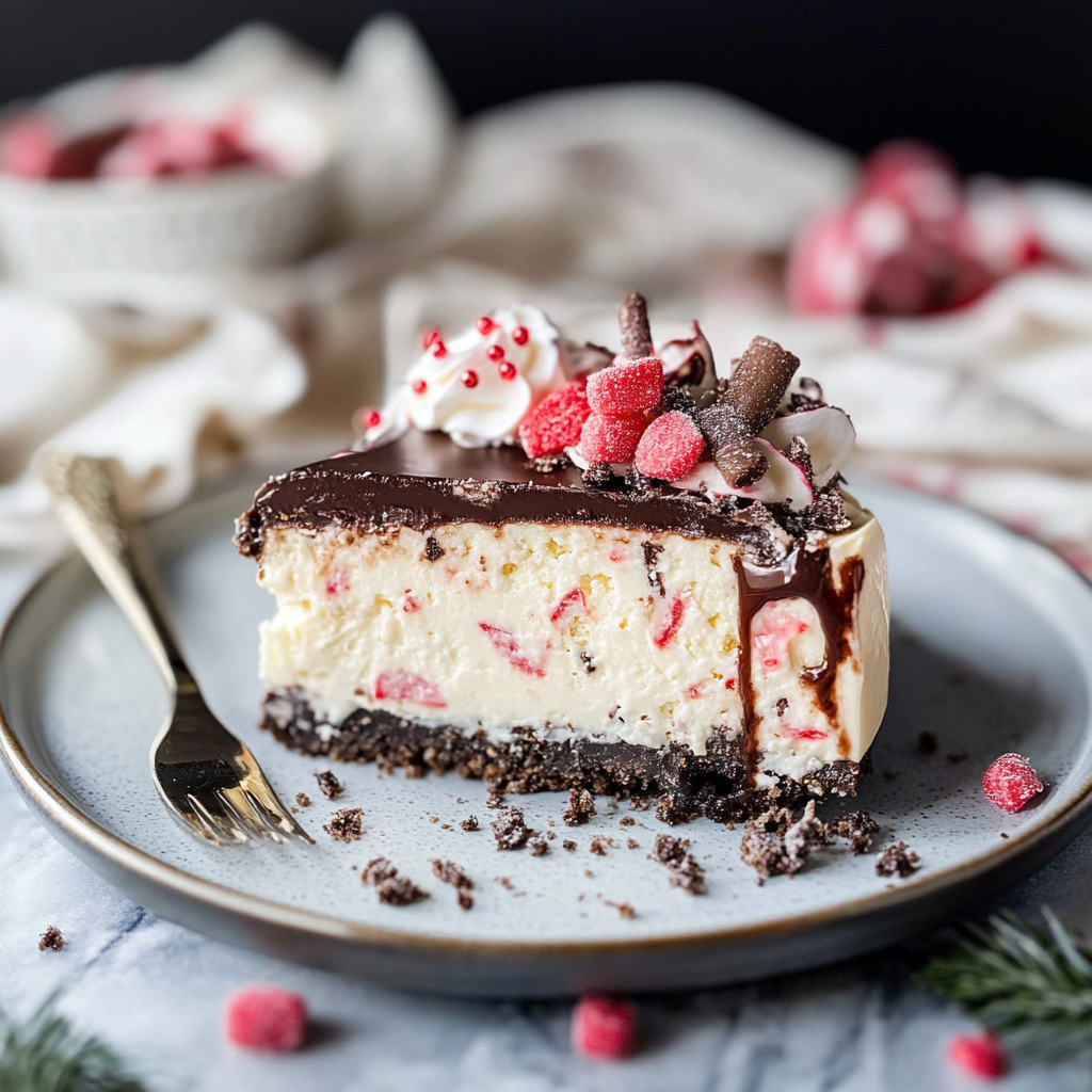 Recipe preparation for Peppermint Bark Cheesecake