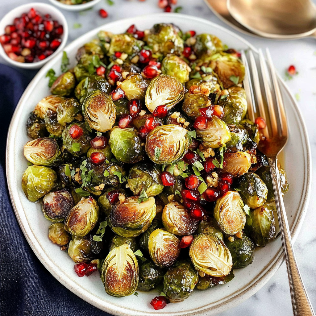 Recipe preparation for Sheet Pan Pomegranate Glazed Brussels Sprouts