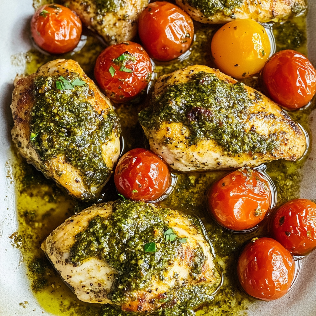 Recipe preparation for Sheet Pan Pesto Chicken and Cherry Tomatoes
